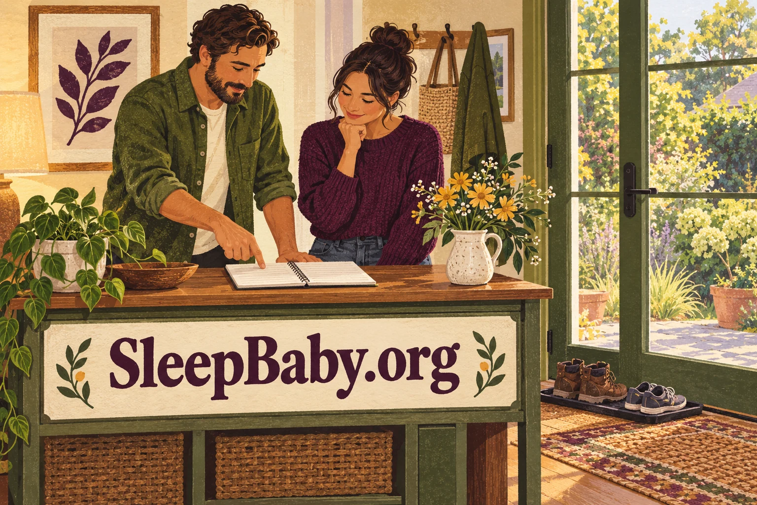 Two adults discuss a notebook at an entryway console. SleepBaby.org appears in the artwork.