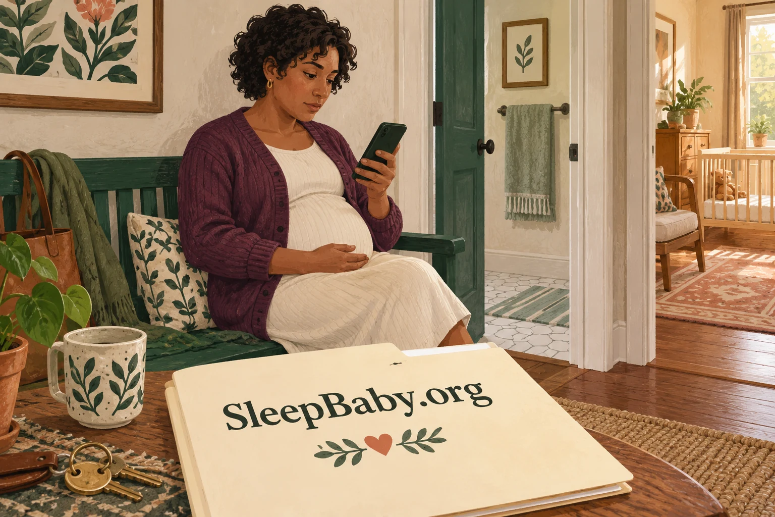Imagined pregnant adult looks at a phone on a green bench; large ivory folder reads SleepBaby.org.