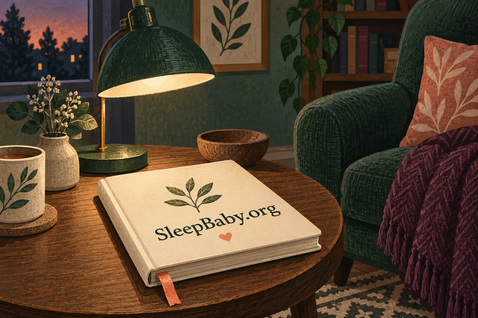 Illustrated green lamp, closed ivory SleepBaby.org notebook and plum throw beside an empty armchair.
