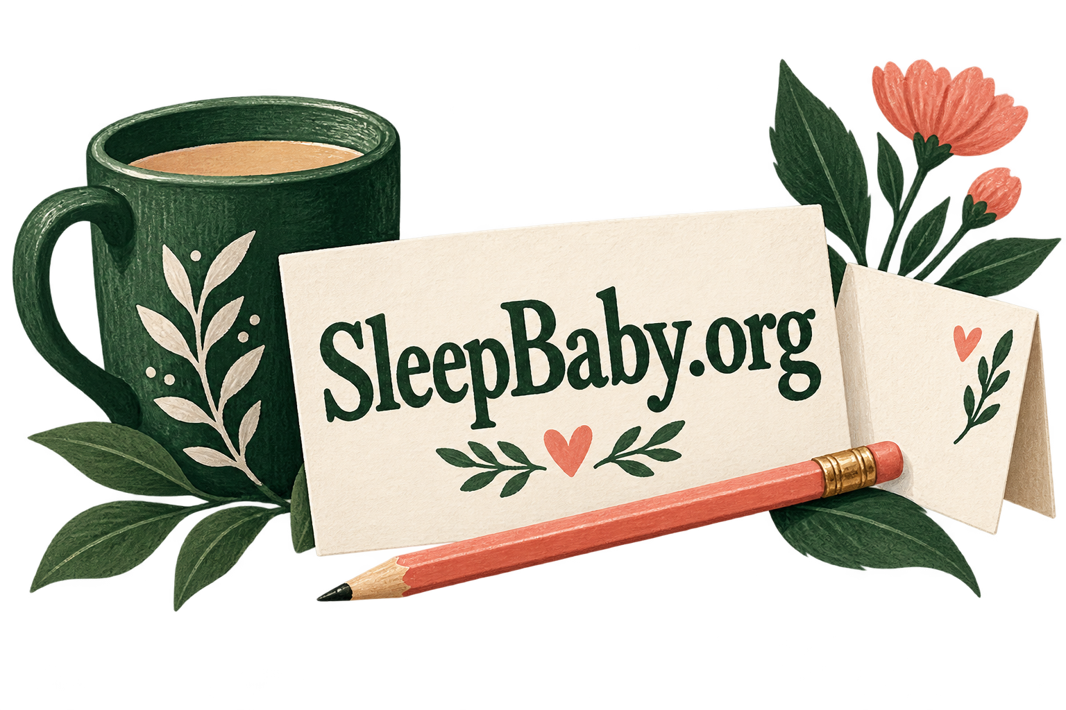 Transparent illustration of green mug, ivory SleepBaby.org card, coral pencil and leaves.