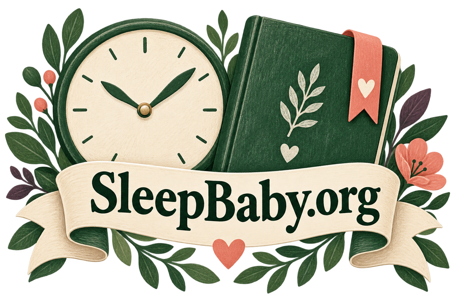 Transparent green notebook, clock and broad ivory SleepBaby.org ribbon.