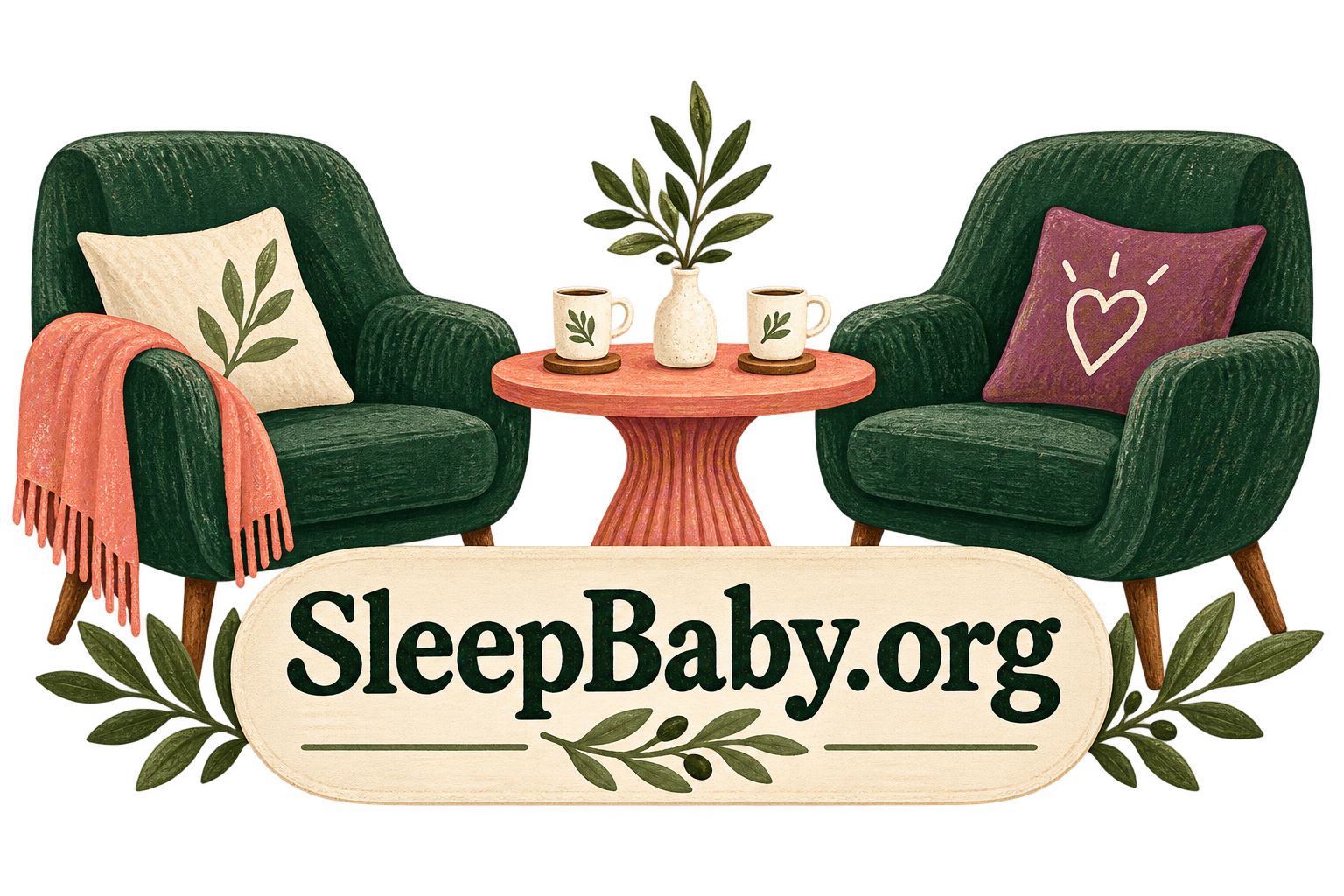 Transparent illustration of two green chairs, coral table and large ivory SleepBaby.org nameplate.