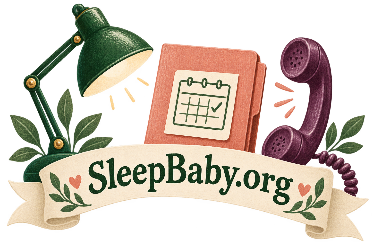 Transparent green lamp, plum telephone, coral folder and ivory SleepBaby.org banner.
