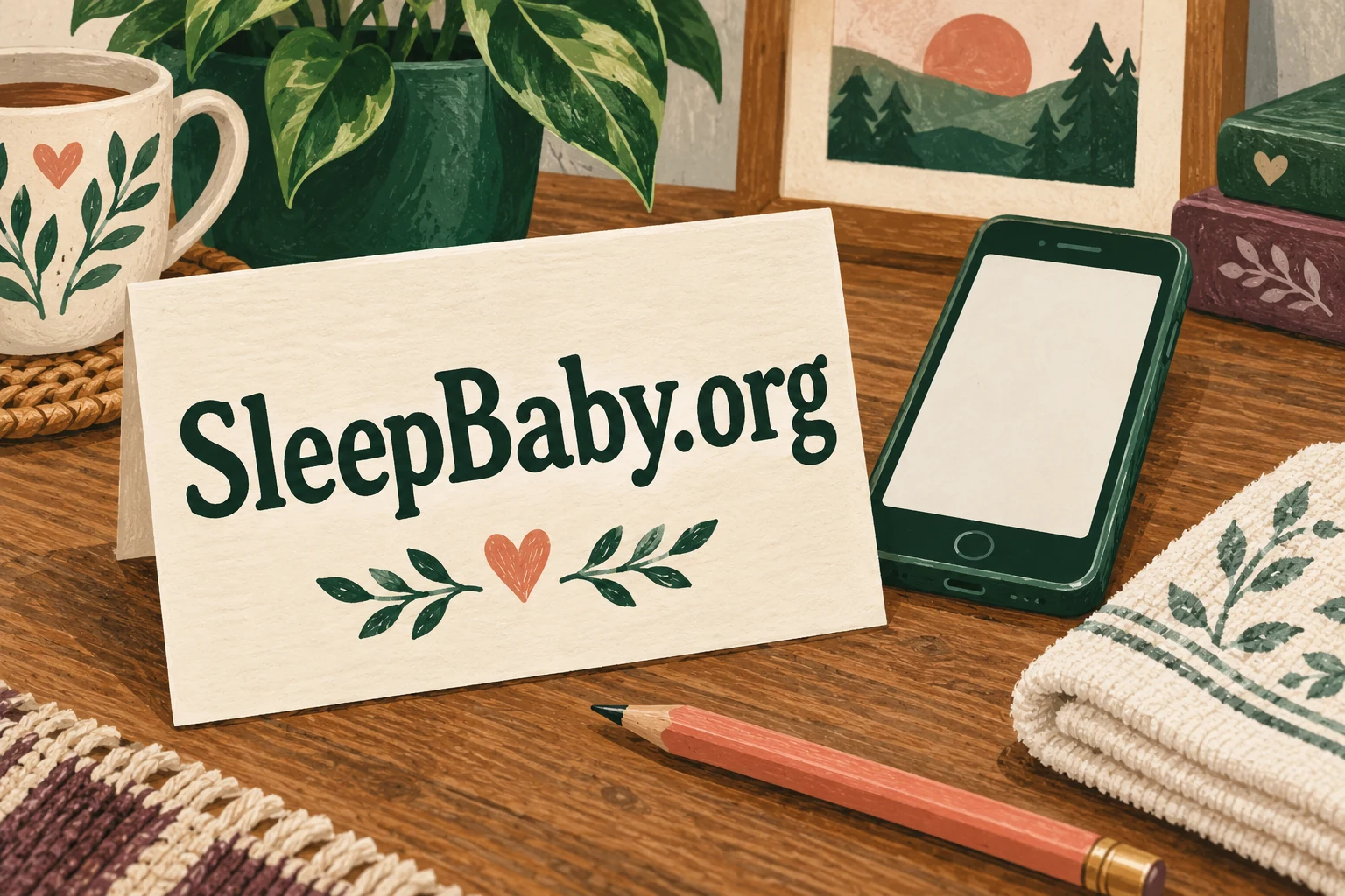 Illustrated ivory SleepBaby.org card, blank phone, coral pencil and folded cloth on a table.