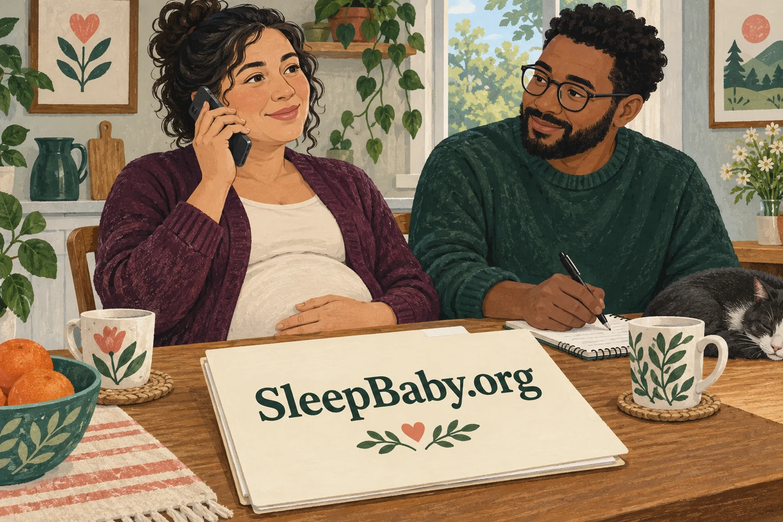Imagined pregnant adult makes a phone call while another adult takes notes; foreground folder reads SleepBaby.org.
