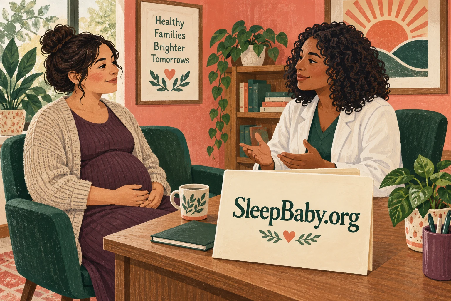 Imagined clothed pregnant adult talks with a clinician; foreground ivory folder reads SleepBaby.org.