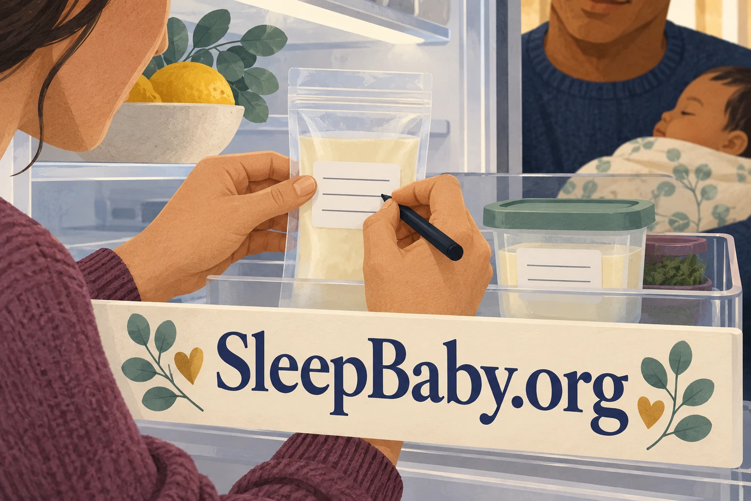 An adult labeling a milk-storage pouch beside closed containers while another adult holds a baby. SleepBaby.org illustration.