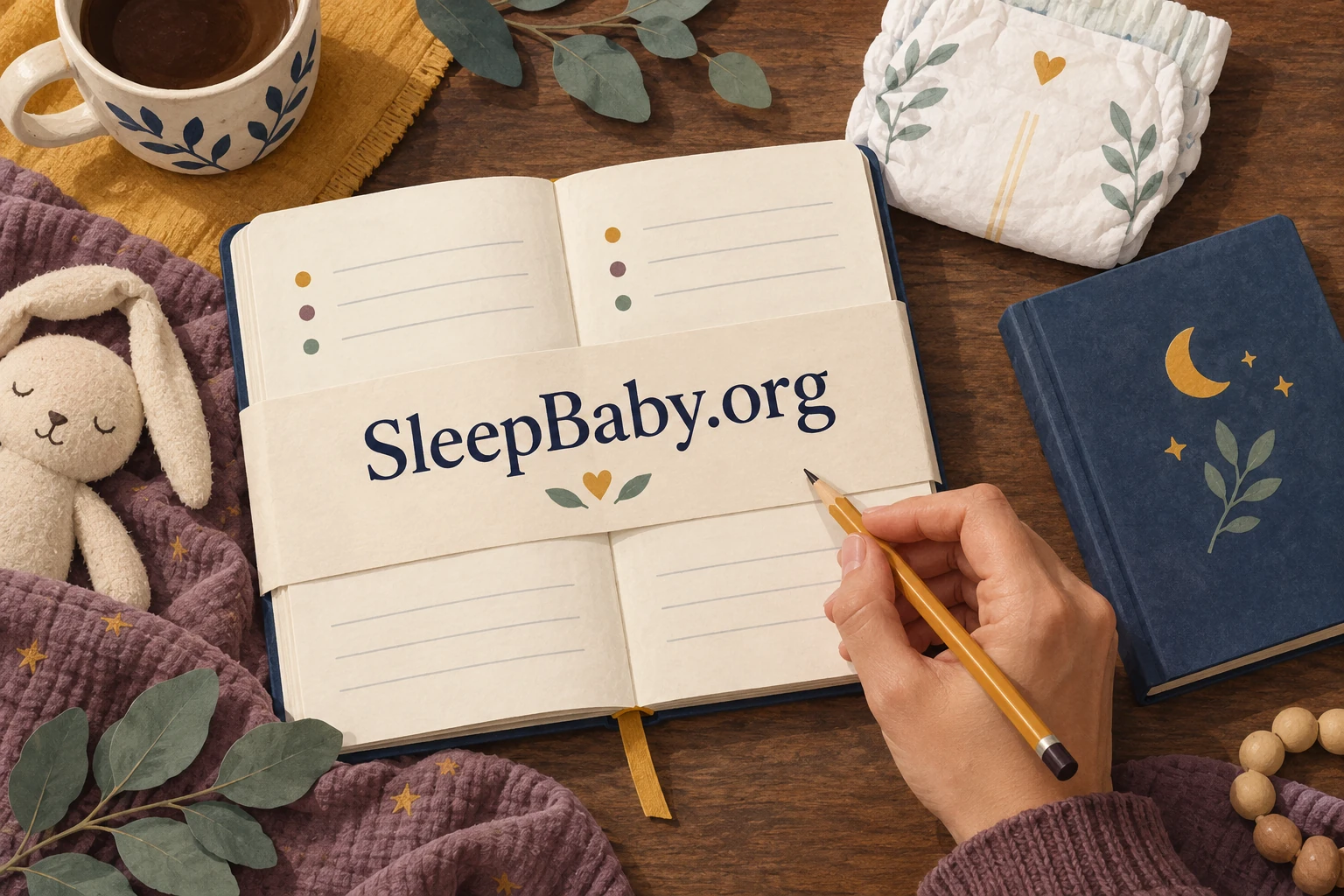 A hand beside a feeding notebook, clean diaper and baby record booklet. SleepBaby.org illustration.