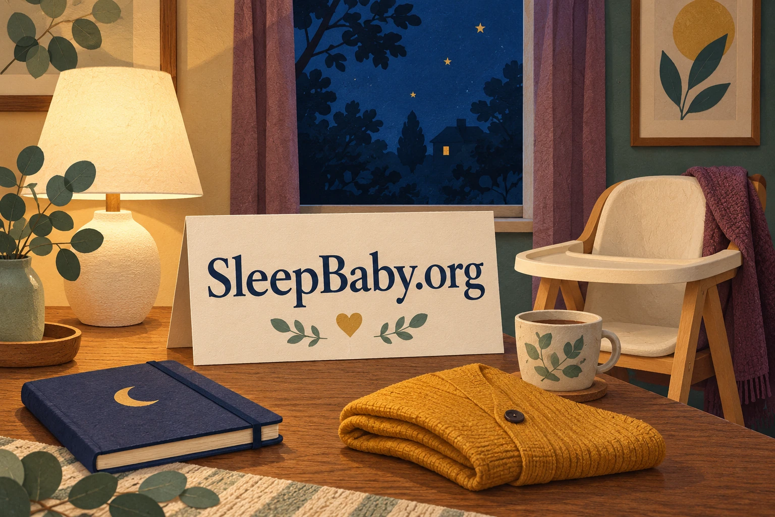 A lamp, care notebook and folded cardigan beside an empty chair. SleepBaby.org illustration.