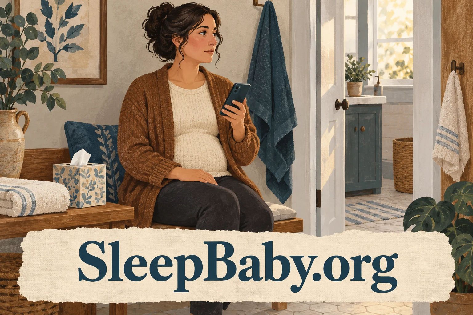 Illustrated adult holding a phone beside a bathroom, with SleepBaby.org printed across the foreground.