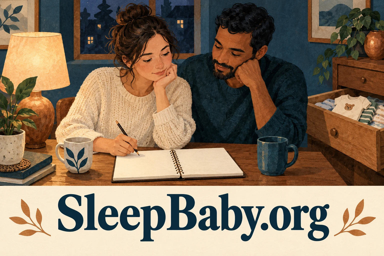 Two adults considering a blank personal notebook beside a lamp and baby-clothes drawer, branded SleepBaby.org.