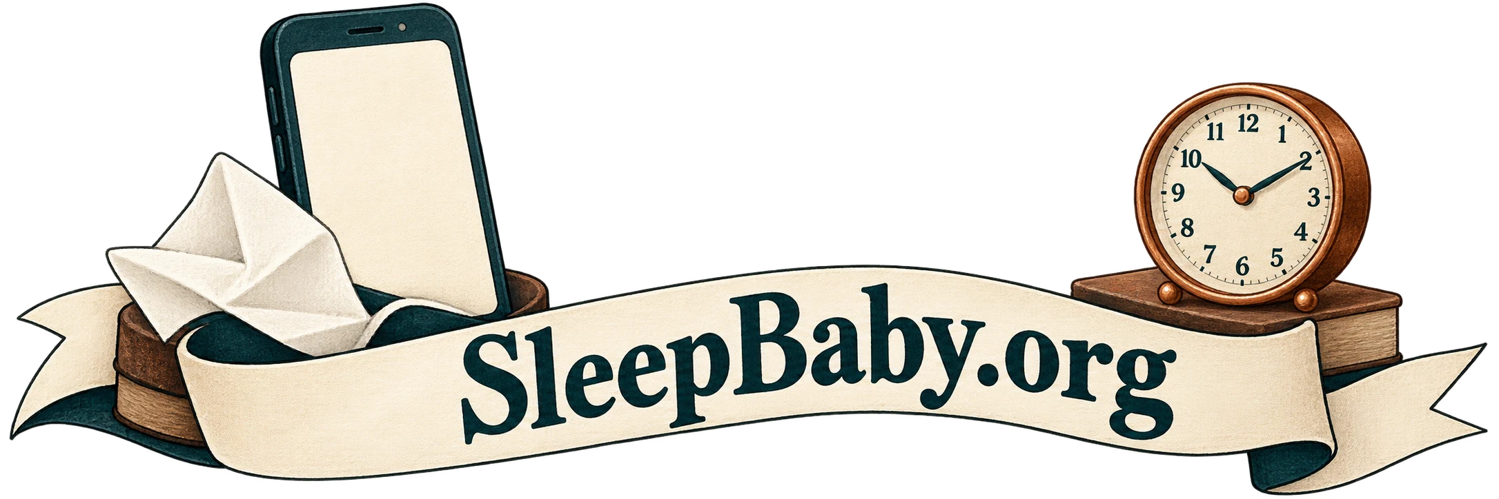 Transparent illustration of a phone, tissue and clock around a SleepBaby.org ribbon.
