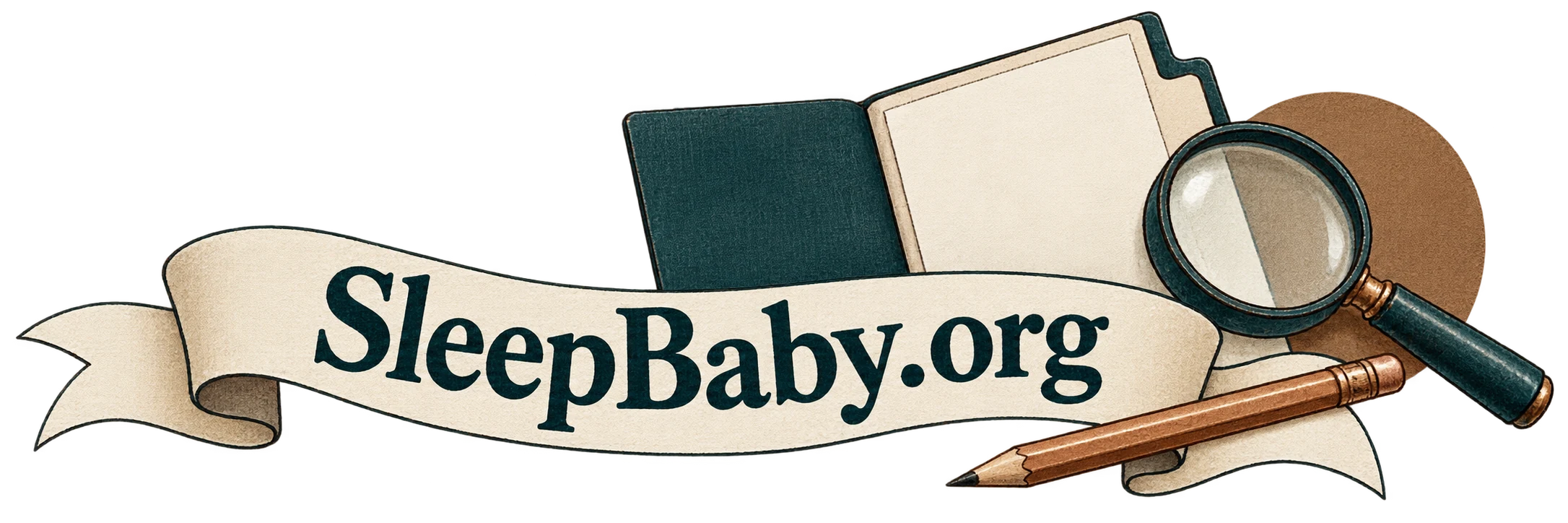 Transparent folder, magnifying glass and pencil illustration with a SleepBaby.org ribbon.