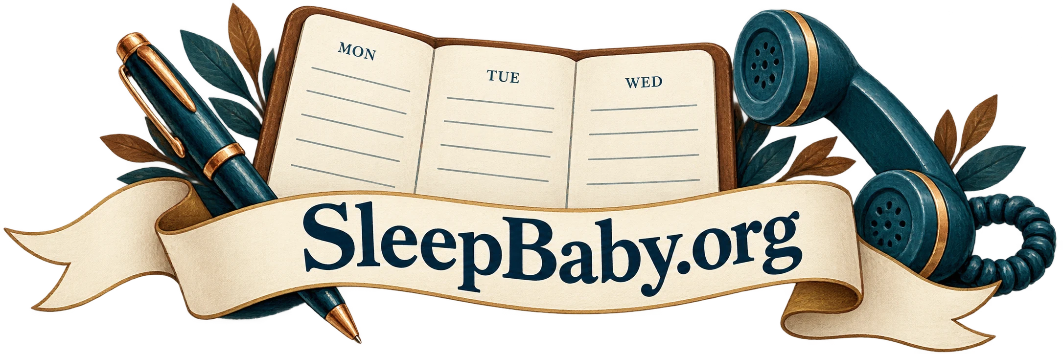 Transparent appointment card, pen and telephone illustration with a SleepBaby.org ribbon.