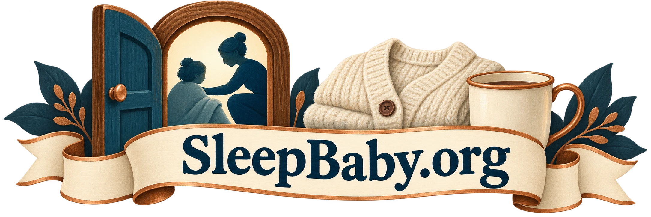 Transparent doorway with supportive figures, folded cardigan and mug around a SleepBaby.org ribbon.