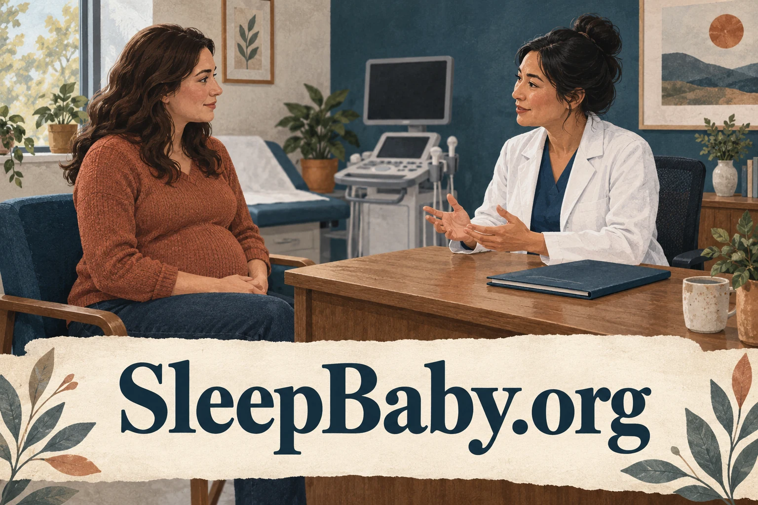 Illustrated pregnant adult talking with a healthcare professional beside an inactive ultrasound machine, branded SleepBaby.org.