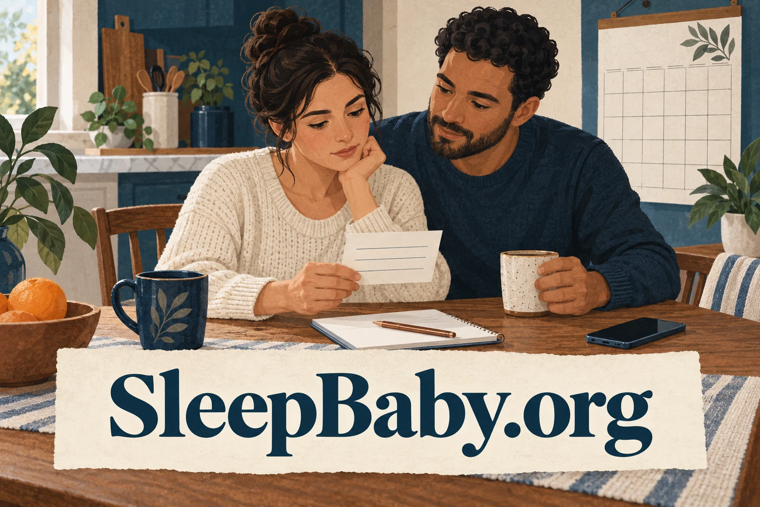 Two adults reviewing a blank appointment card at a kitchen table, with SleepBaby.org branding.