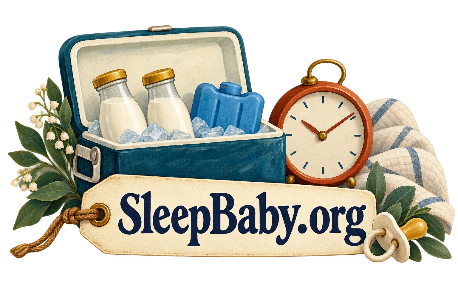 A cooler, milk bottles and clock sit behind a branded luggage tag.