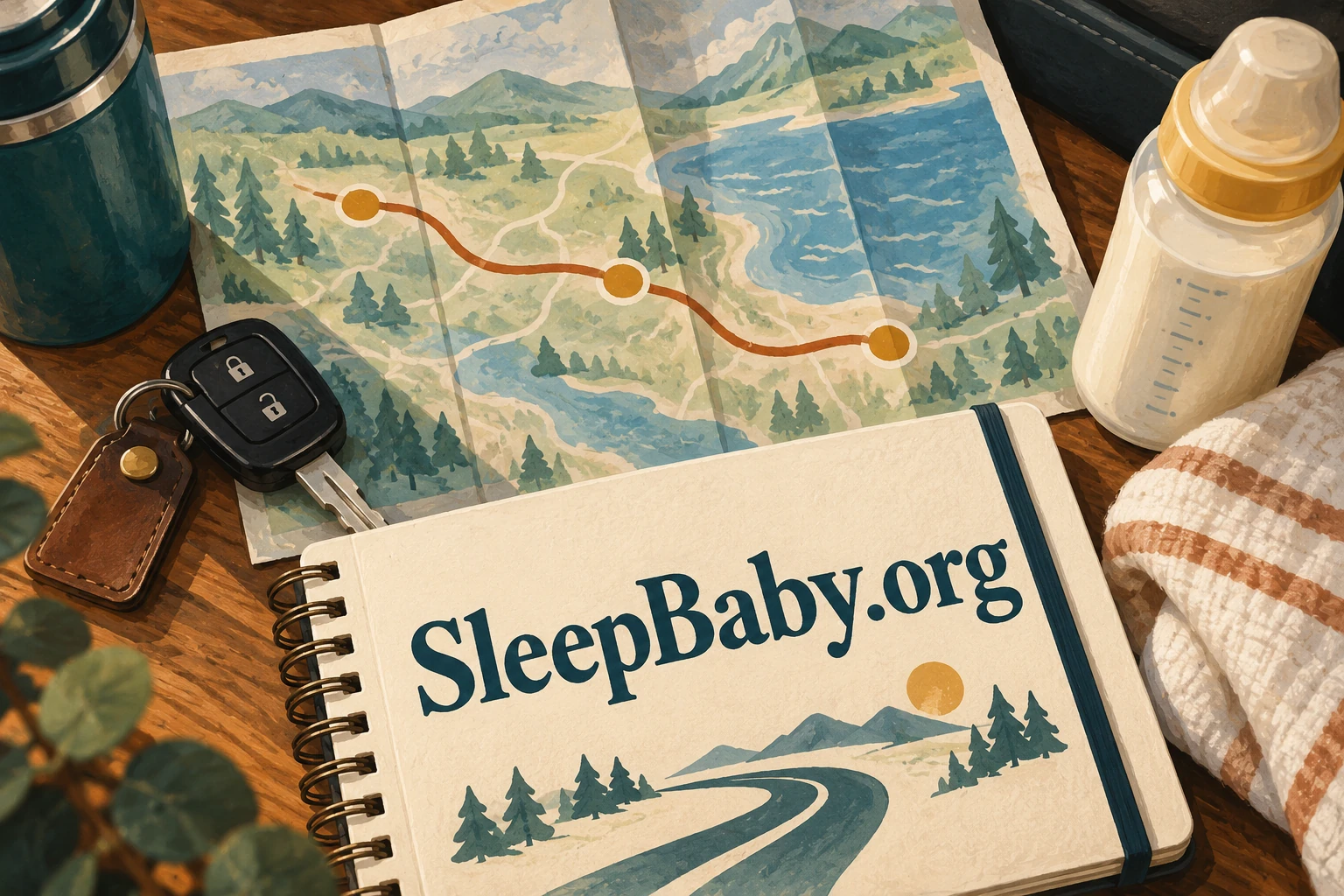 A route map, car keys, milk bottle and branded notebook illustrate planning breaks.