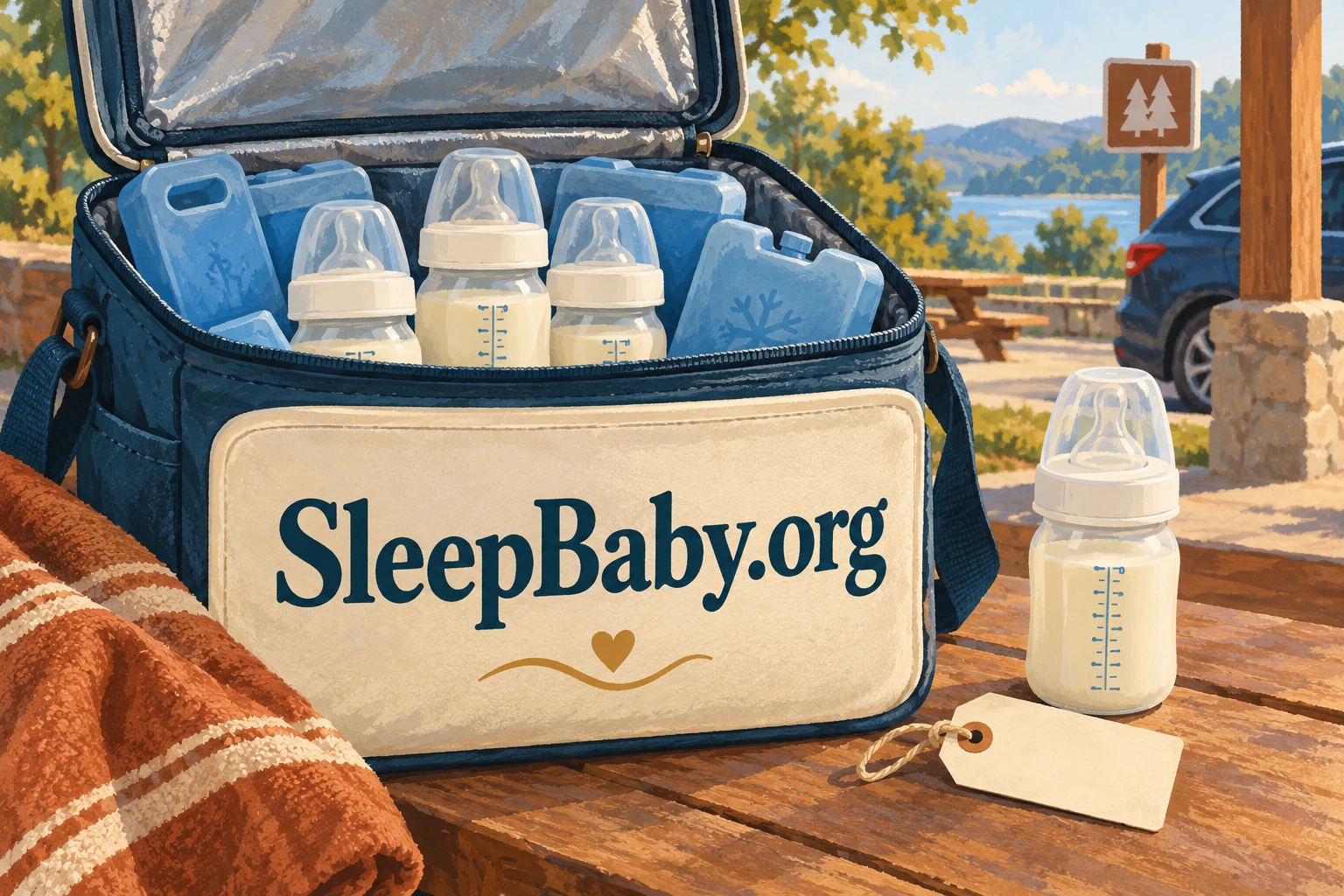 Capped milk bottles sit among ice packs in an open insulated cooler.