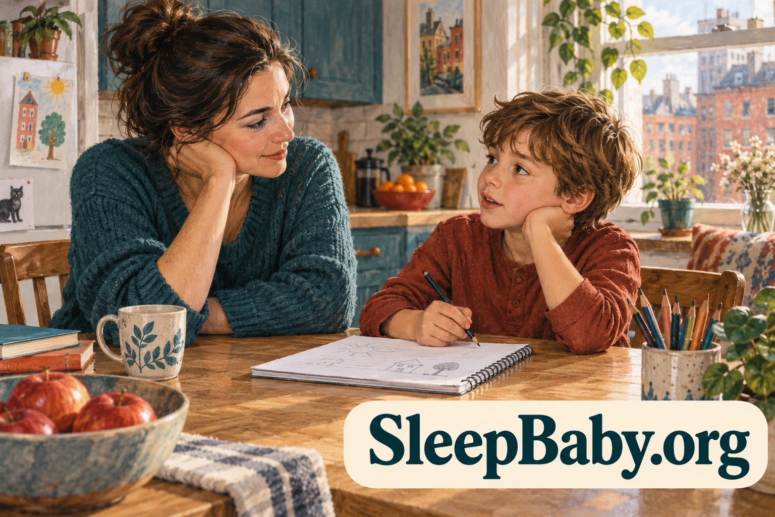 An adult listens to a school-age child at a clear kitchen table.
