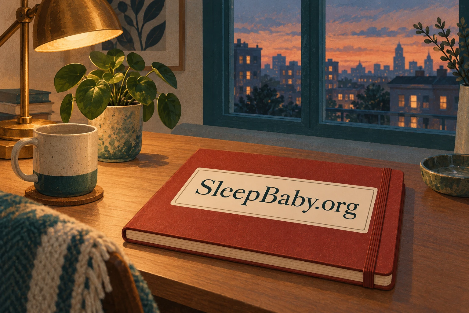 A branded notebook, lamp and plant sit near an intact window at dusk.