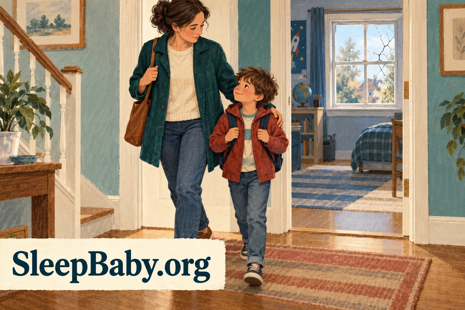 An adult guides a school-age child away from a room with a cracked window.