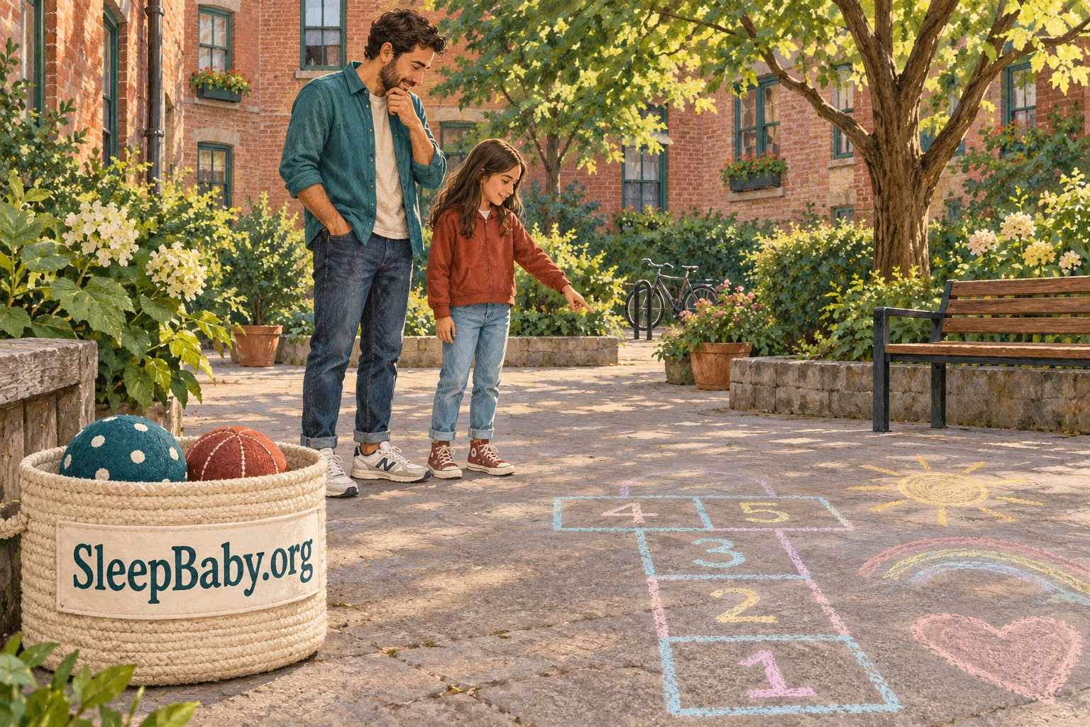 An adult and child stand beside a basket of soft balls in an open courtyard.