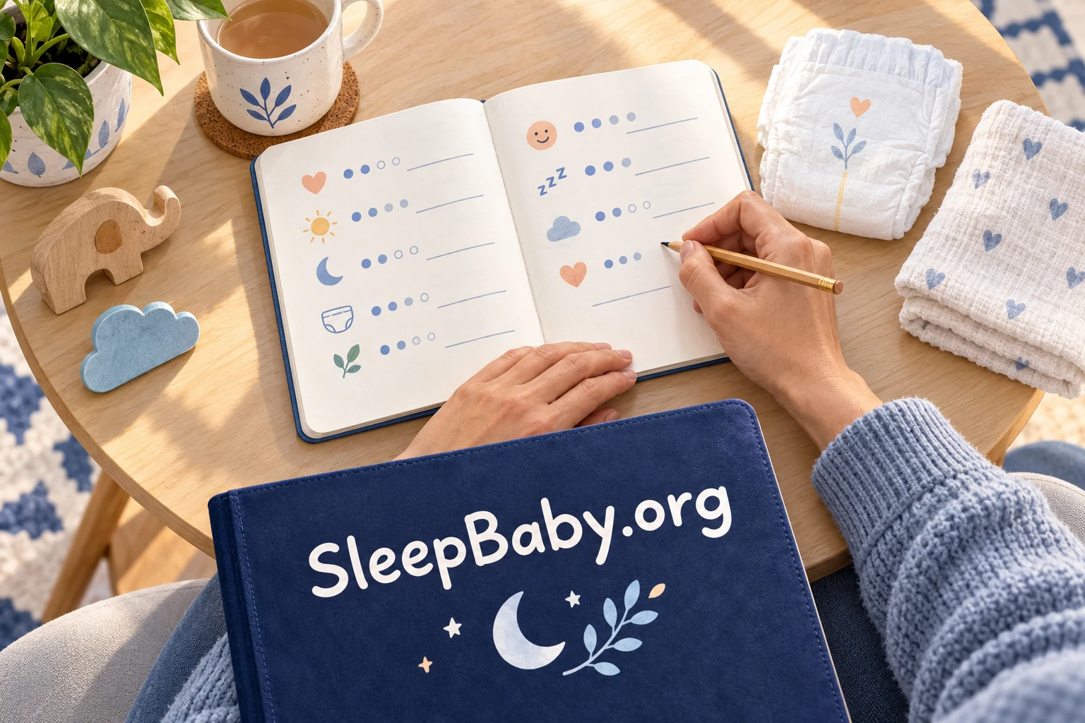 An adult notes observations beside a clean nappy and muslin; the abstract notebook is not a required tracking chart. SleepBaby.org appears in the artwork.