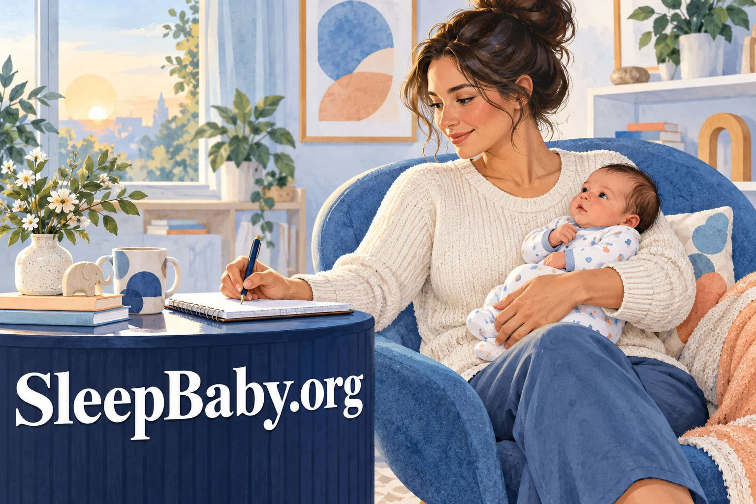 An awake caregiver holds an awake newborn with the head supported while making a note at a side table. SleepBaby.org appears in the artwork.