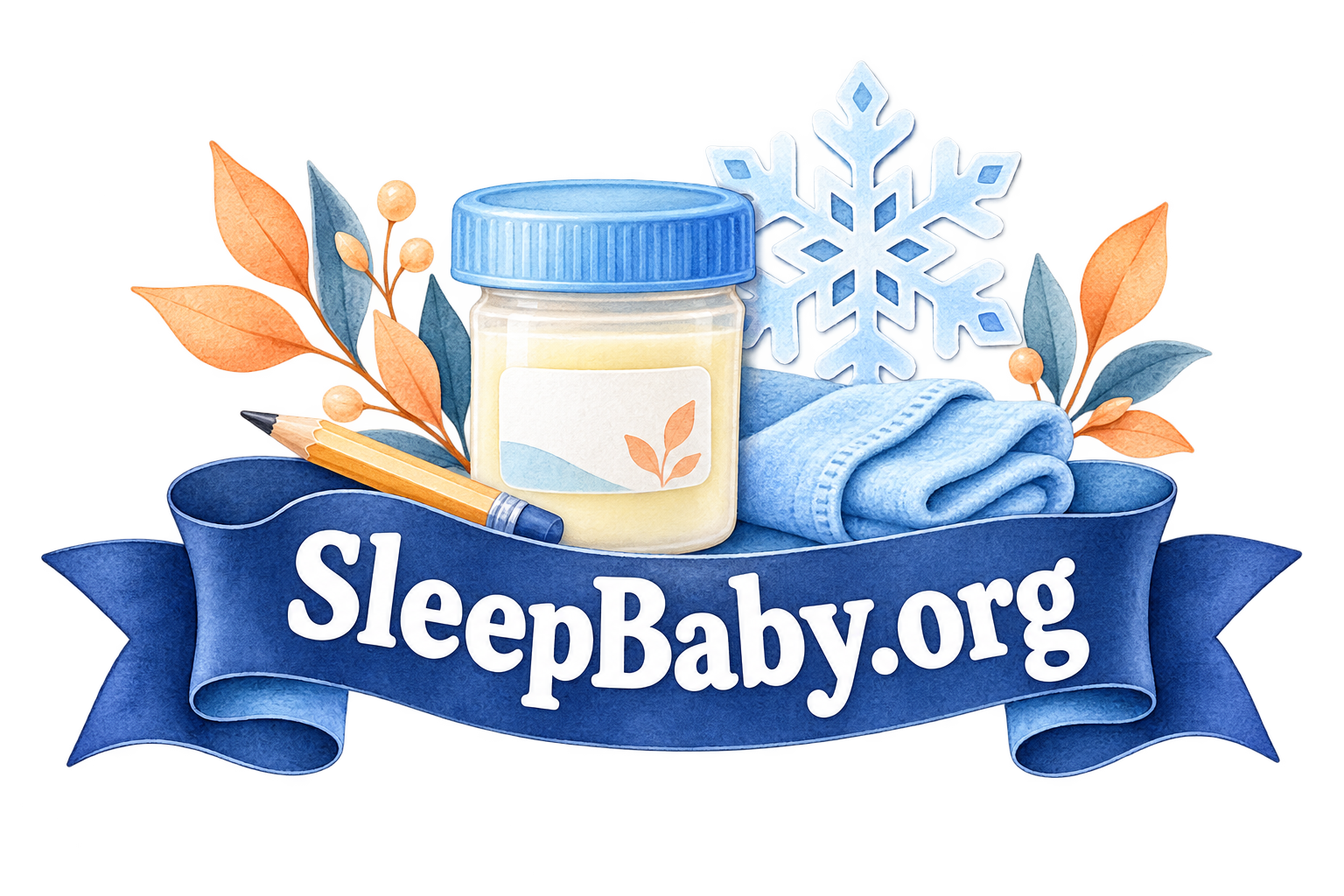 A closed milk container, pencil, cloth and snowflake symbol above a blue ribbon. SleepBaby.org appears in the artwork.