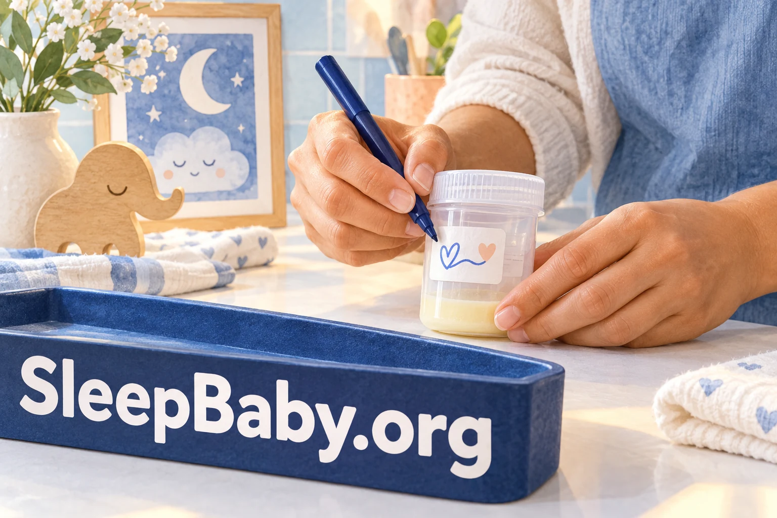 Adult hands label a closed milk-collection container; its abstract label and liquid level are not instructions. SleepBaby.org appears in the artwork.
