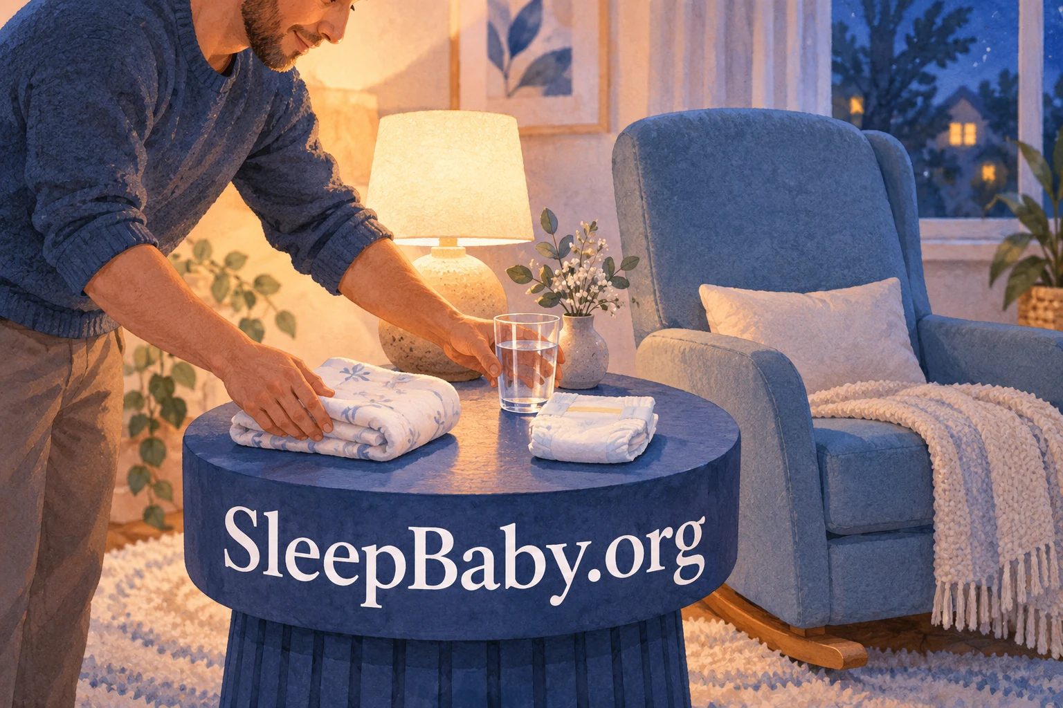 An adult sets out a clean nappy, muslin and drinking water for a caregiver beside an empty chair. SleepBaby.org appears in the artwork.