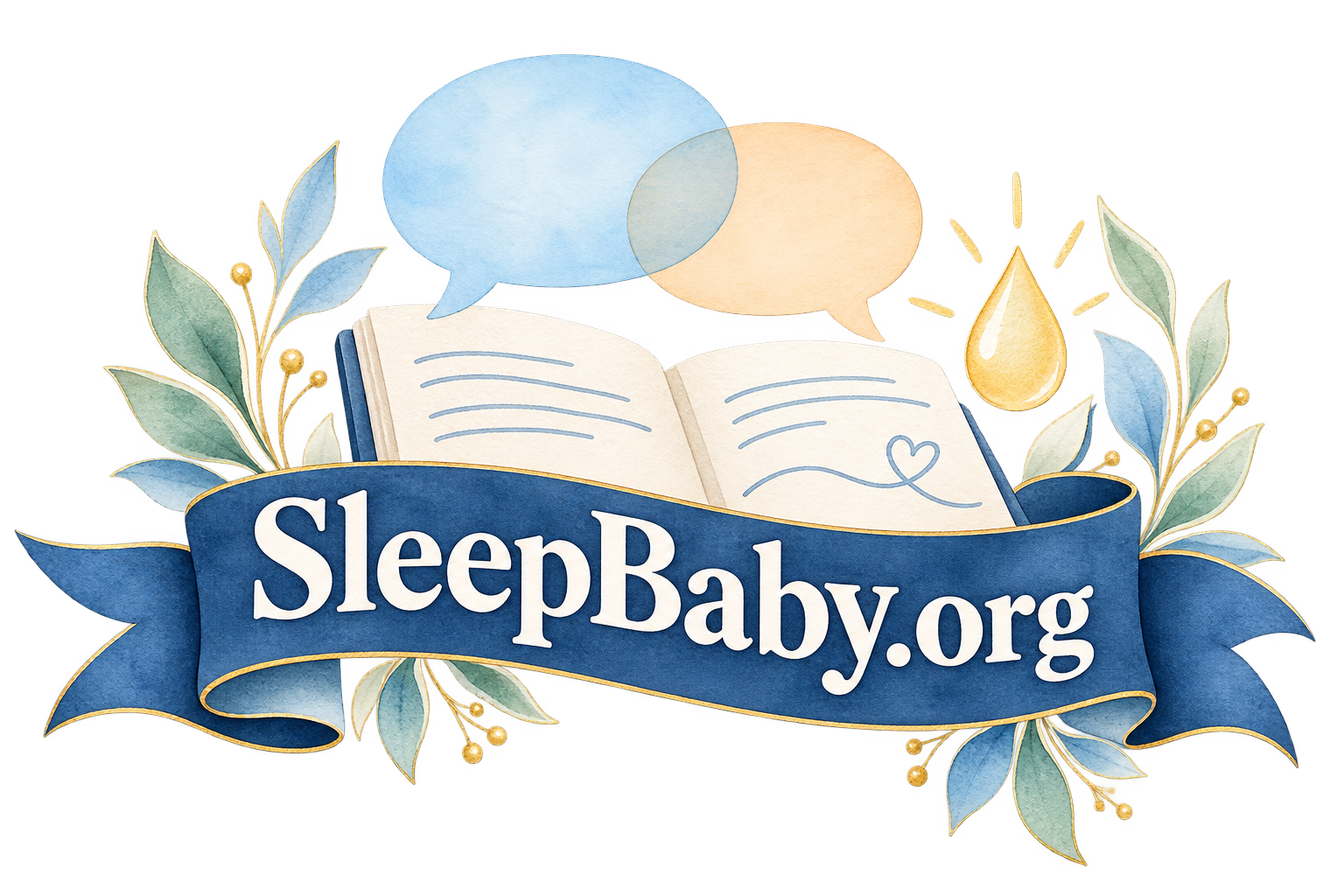 Blank speech bubbles, a notebook and a milk-drop symbol above a blue ribbon. SleepBaby.org appears in the artwork.