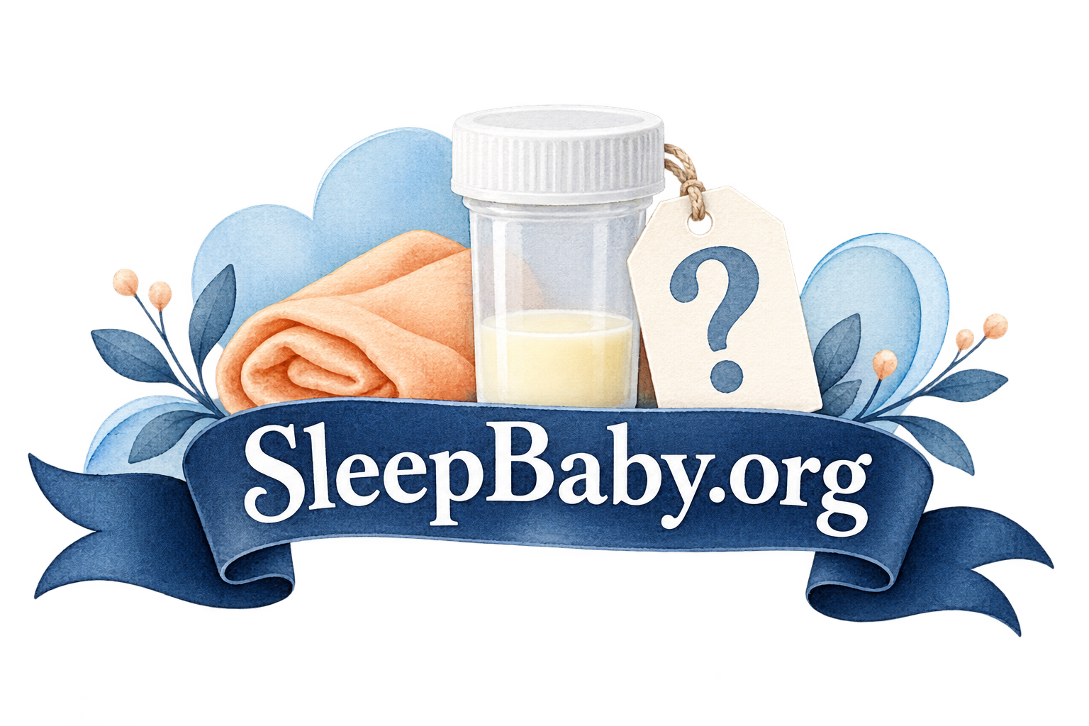 A closed milk container, cloth and question-mark tag above a blue ribbon. SleepBaby.org appears in the artwork.