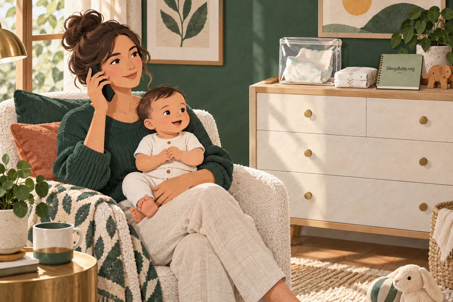 A caregiver calls for advice while holding an alert baby, with a damaged diaper kept out of reach.
