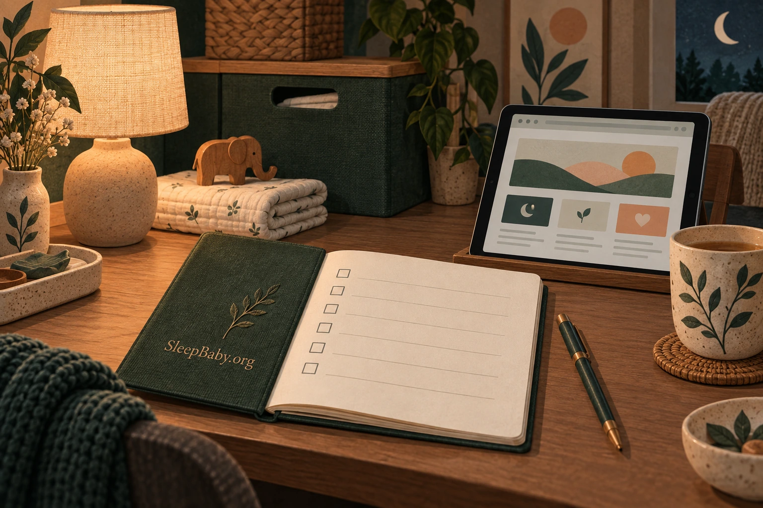 A quiet planning desk holds a notebook, lamp and tablet with an illustrated browser preview.