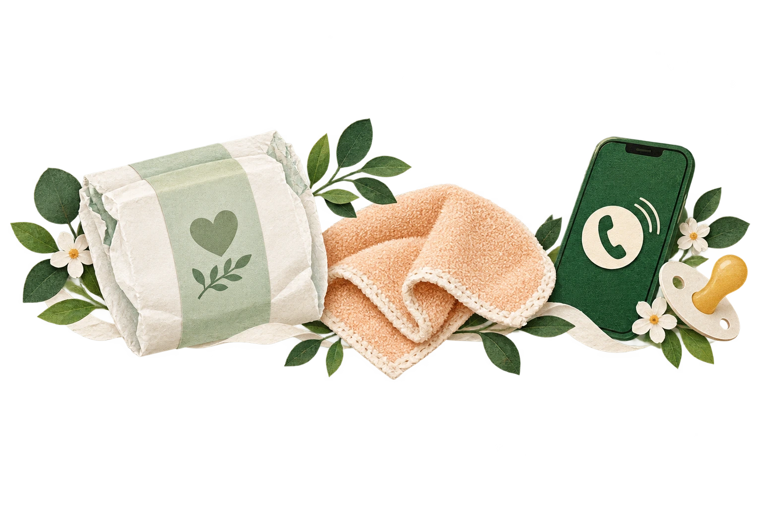 Diaper, soft cloth and phone illustration.