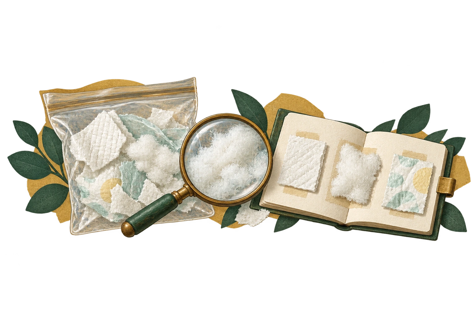 Diaper material, magnifying glass and sample notebook illustration.