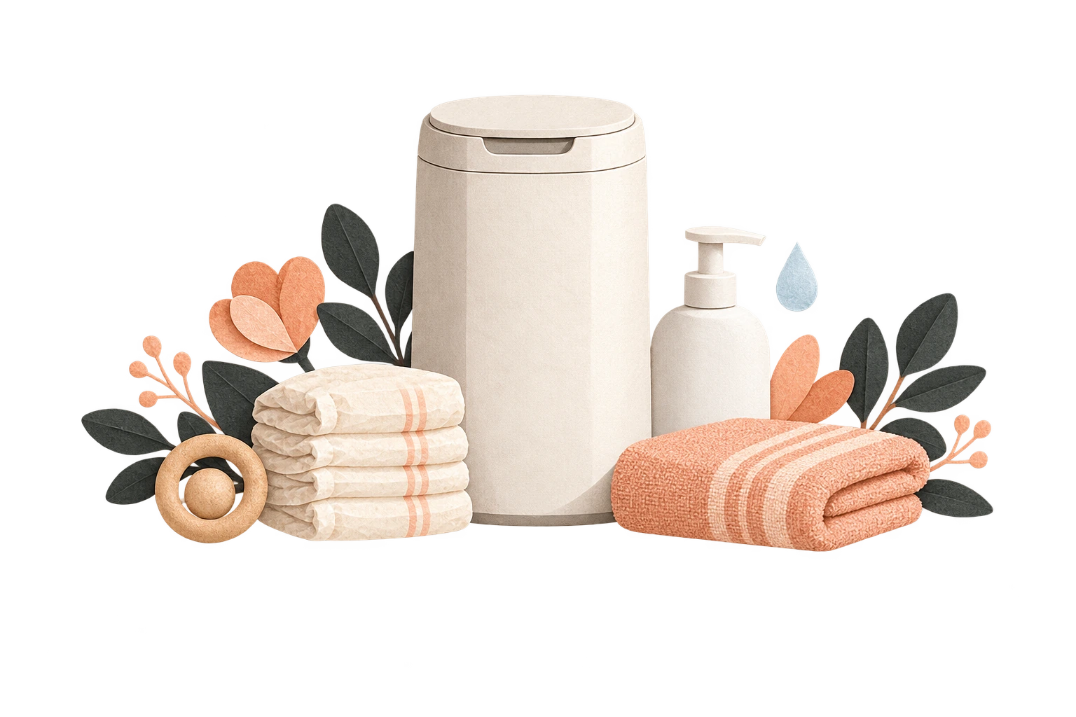 Closed diaper bin, soap, diapers and towel illustration.
