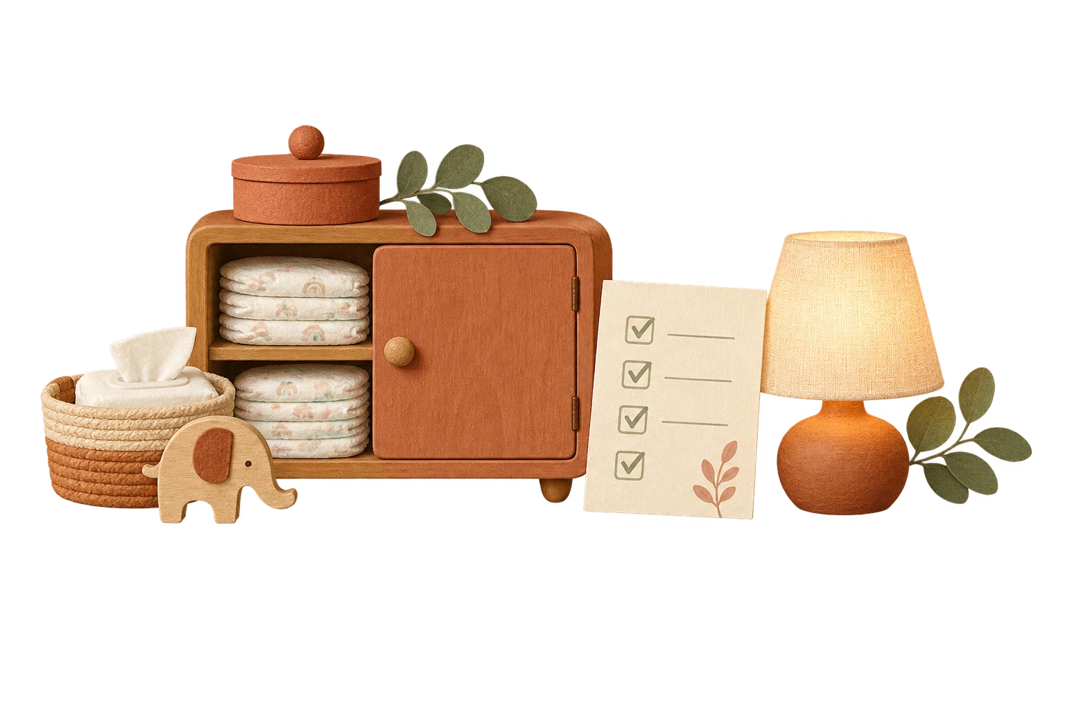 Diaper storage, planning card and warm lamp illustration.