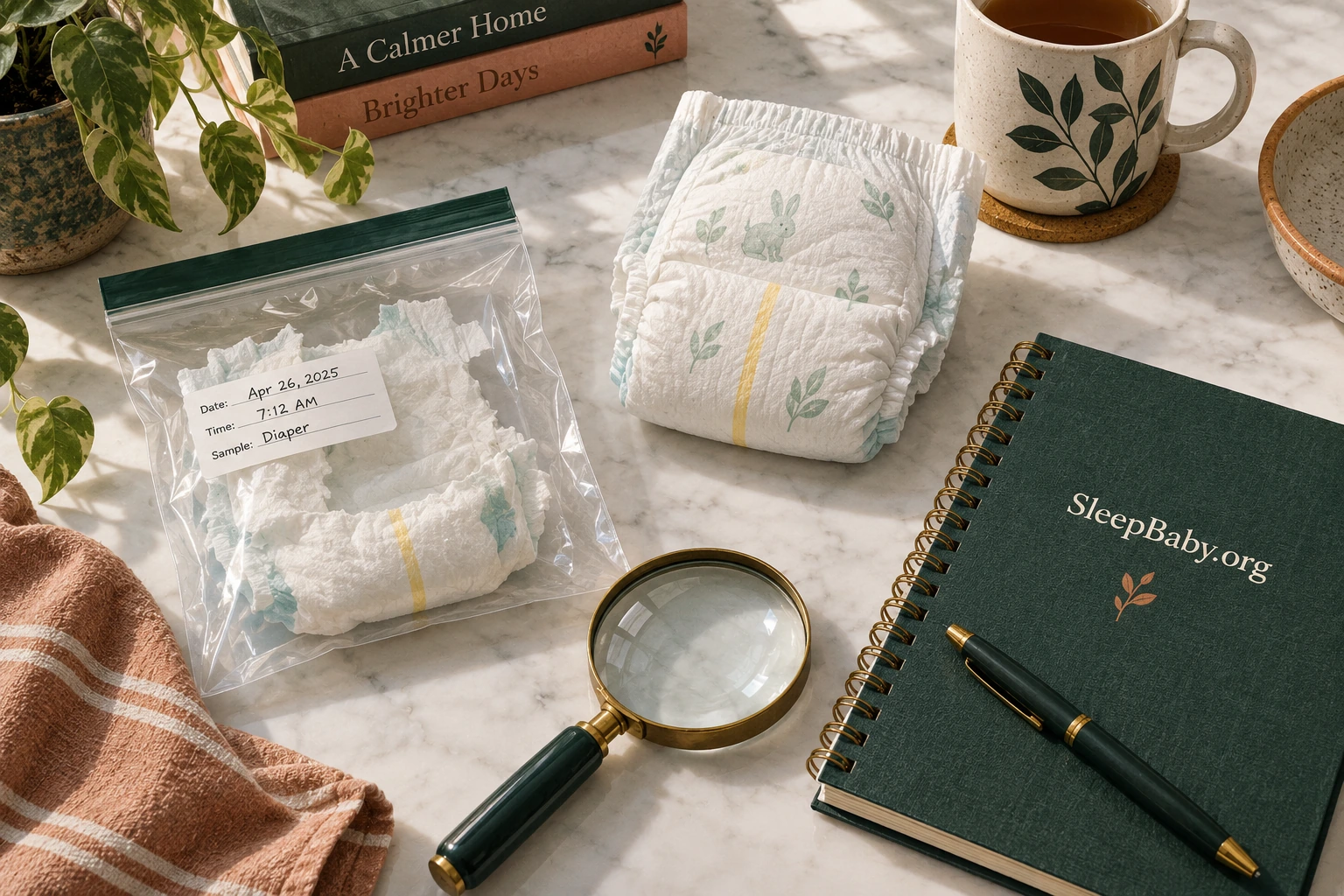 A damaged diaper in a closed pouch sits beside an intact diaper and a notebook.
