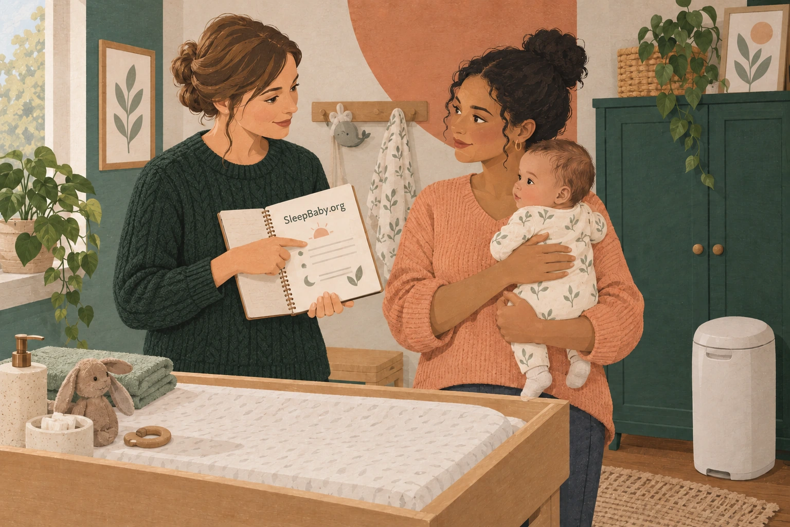 Two family caregivers share written instructions while one holds an awake baby.