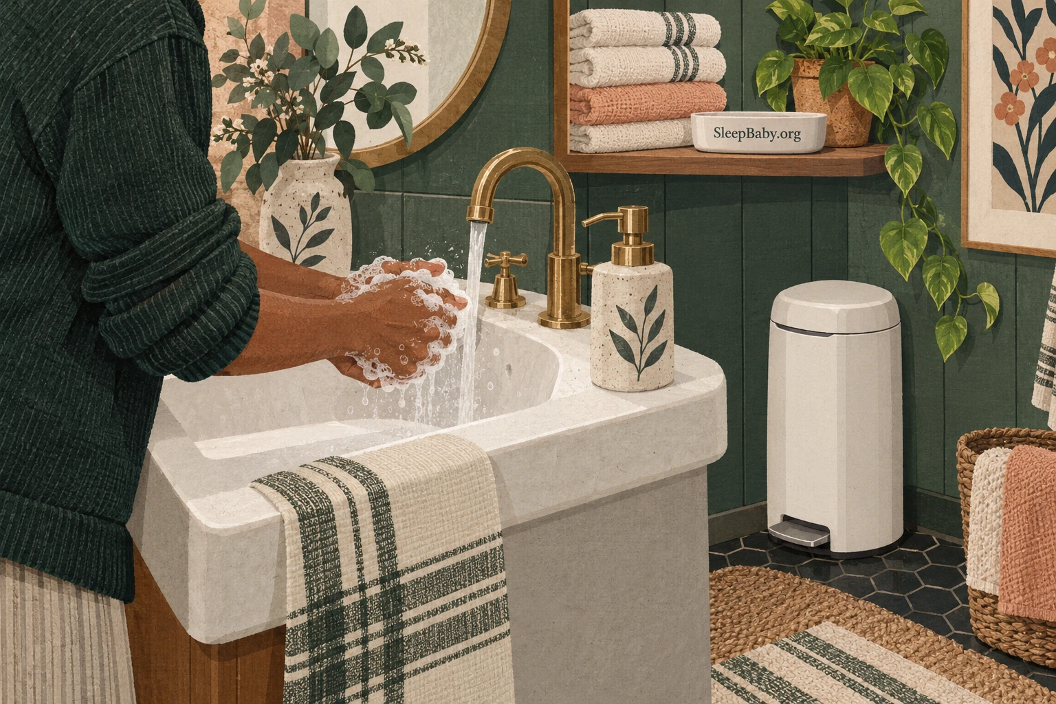 An adult washes soapy hands at a sink near clean cloths and a closed diaper bin.