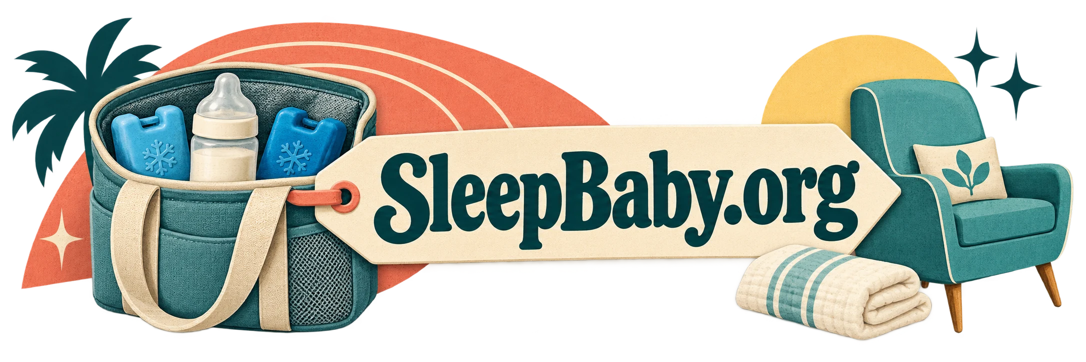 An insulated bottle pouch, ice-pack shapes, cloth and chair frame a cream tag. SleepBaby.org appears in the artwork.