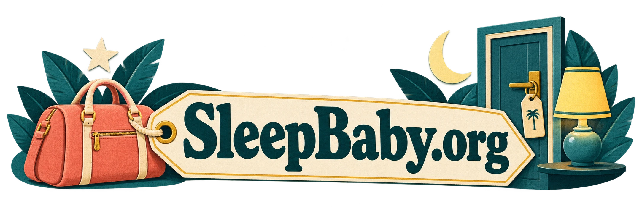 A day bag, hotel door, moon and lamp frame a cream tag. SleepBaby.org appears in the artwork.