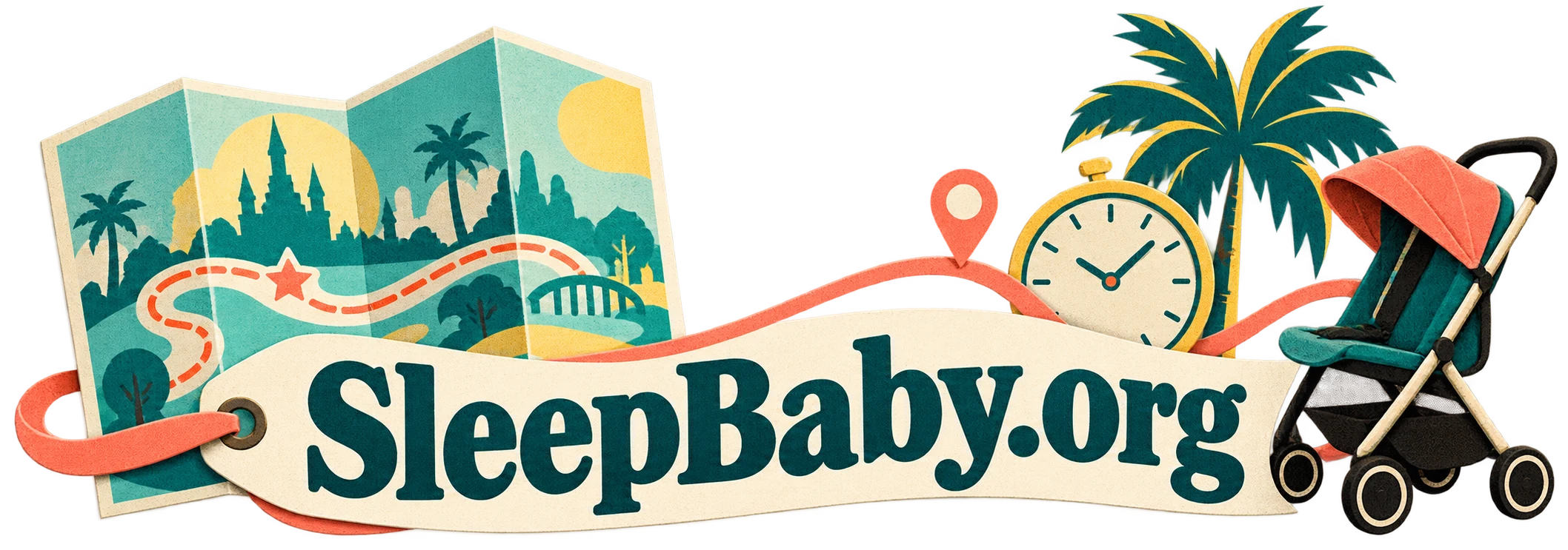 A folded map, empty stroller, clock and palm frame a cream luggage tag. SleepBaby.org appears in the artwork.