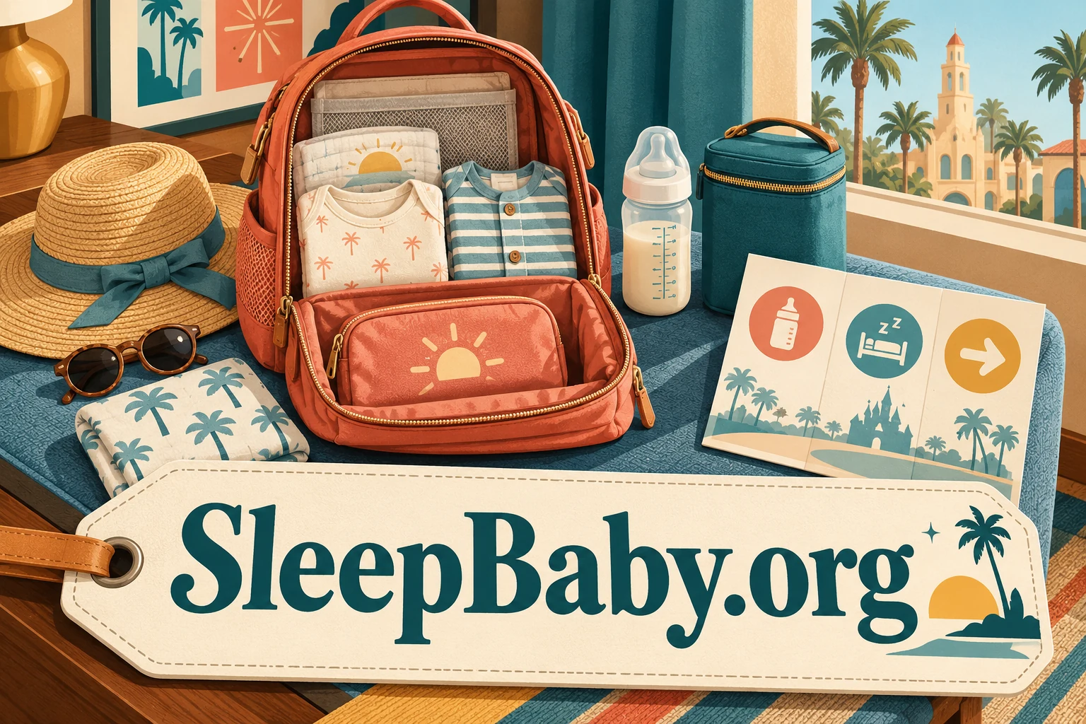 A compact day bag, feeding pouch, sunhat and three-symbol planning card on a hotel bench. SleepBaby.org appears in the artwork.