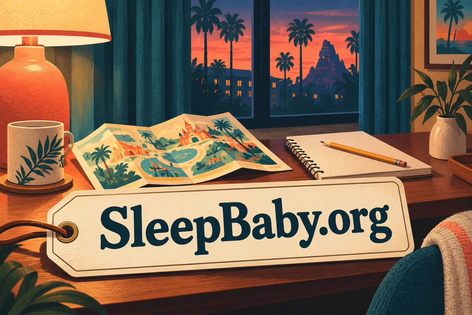 A folded park map and ordinary notebook sit under a hotel desk lamp at dusk. SleepBaby.org appears in the artwork.