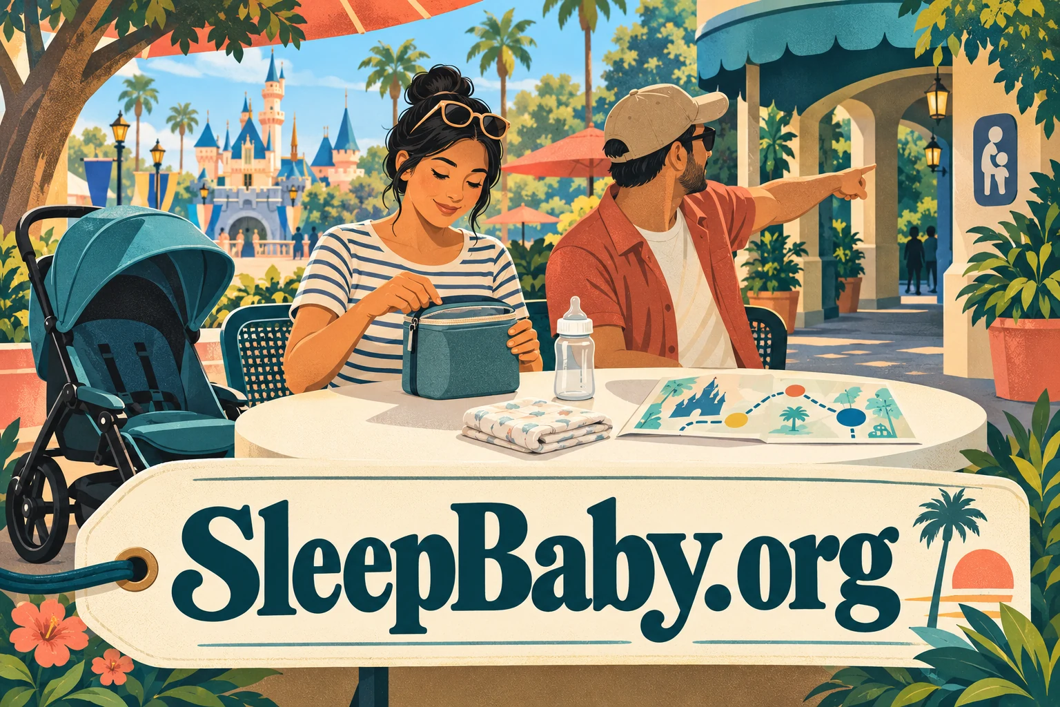 Two adults pause at a shaded table with an insulated pouch and an empty stroller nearby. SleepBaby.org appears in the artwork.
